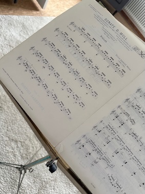 Aufgeschlagene Noten einer Sonate in d-Moll mit Präludium auf dem Notenpult
